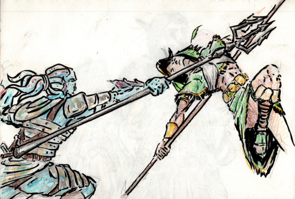 Croquis du duel entre Corus et Ixi’Ualpa par Gromdal
